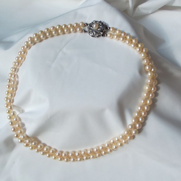 Japanese Akoya Pearl Necklace, Vintage Pearls, Double Strand Necklace, Genuine Jewelry, Clasp 750/18k White Gold, Saphires, 