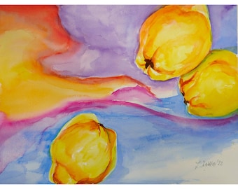 Still Life Watercolor of Quinces, Semi-Abstract Art