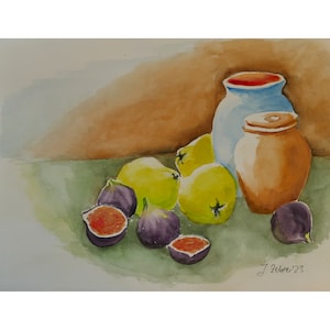 Still Life Watercolor, Quinces, Figs, Mediterranean Fruits image 2