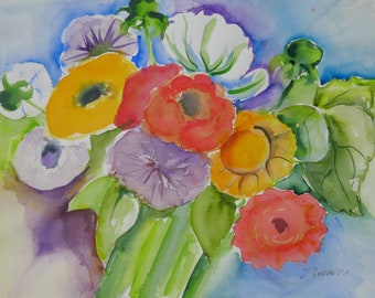 Watercolor Painting of Bundle of Flowers Red, Orange, Yellow