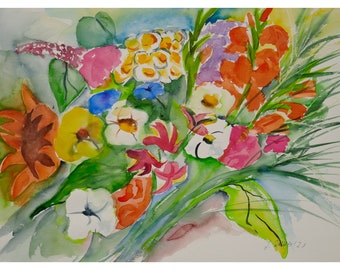 Original Watercolor Painting, Bouquet of Flowers, Flower Meadow