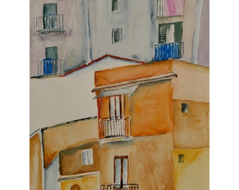 Original Watercolor, Street Facades, Palermo, Italy