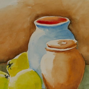 Still Life Watercolor, Quinces, Figs, Mediterranean Fruits image 4