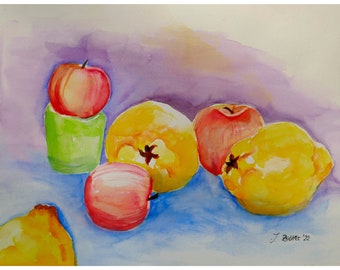 Still Life Watercolor, Quinces and Apples, Modern Painting