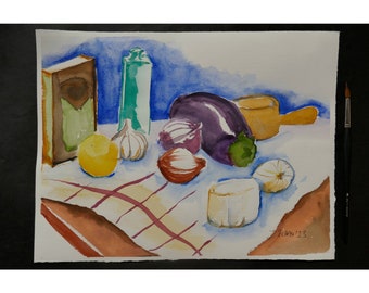 Still Life Watercolor, Vegetables and Cheese, Kitchen Art