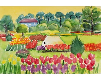 Spring Painting of Botanical Garden, Original Watercolour, Living Room Wall Art, Gift for Her