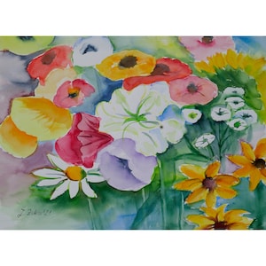 Watercolor Painting, Flowers, Colorful Art, Original signed. image 1