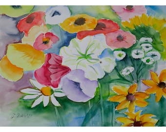 Aquarell bunte Blumen, Original signiert, moderne Blumenmalerei