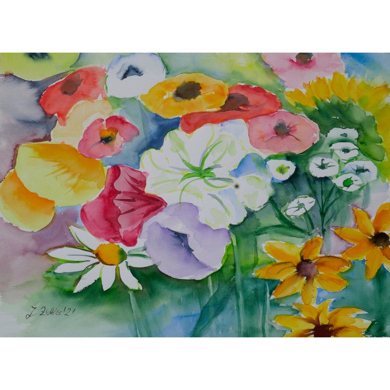 Watercolor Painting, Flowers, Colorful Art, Original signed. image 1