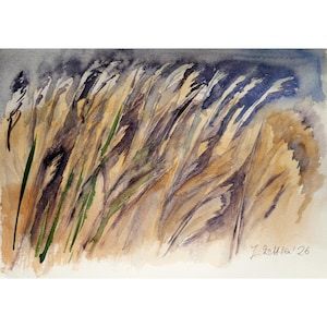 Könnte beinhalten: Ein Aquarellgemälde, das hohe, vom Wind bewegte Gräser in Beige-, Braun- und Dunkellila-Tönen vor einem dunkelblauen Himmel zeigt. Das Kunstwerk zeichnet sich durch flüssige, ausdrucksstarke Pinselstriche aus und trägt unten rechts die Signatur J. Zettle '26.