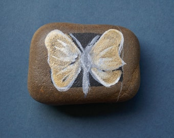 Painted Stone, Butterfly on Beach Stone, Golden Wings, Insect