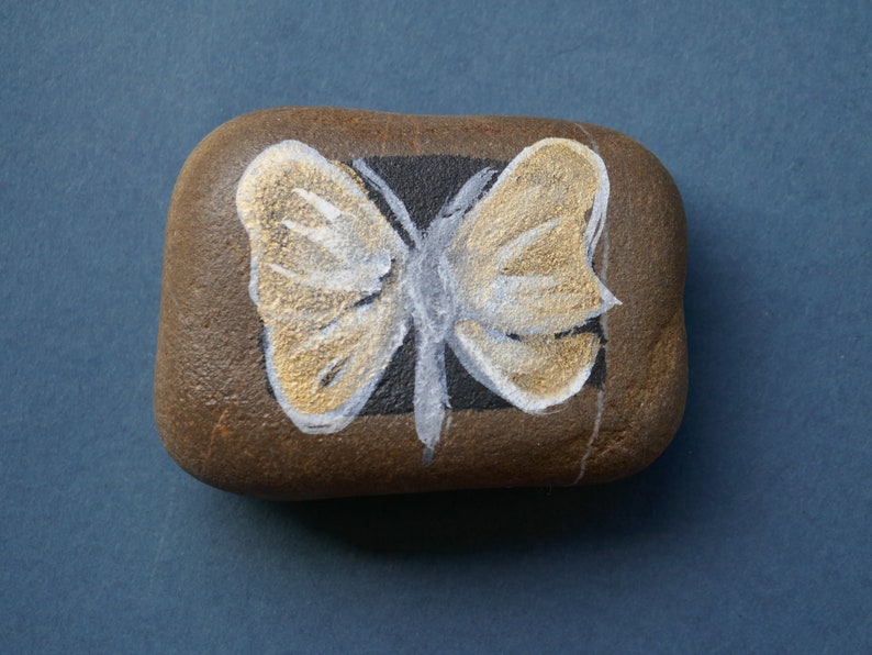 Painted Stone, Butterfly on Beach Stone, Golden Wings, Insect image 1