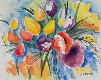 Watercolor Abstract Tulips, Large Original Painting, Lively Floral Watercolor