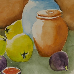 Still Life Watercolor, Quinces, Figs, Mediterranean Fruits image 6
