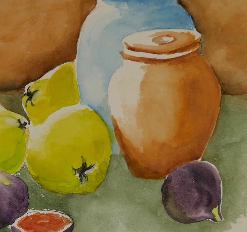 Still Life Watercolor, Quinces, Figs, Mediterranean Fruits image 6