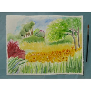 Immagine acquerello di giardino perenne, immagine estiva, giardino fiorito