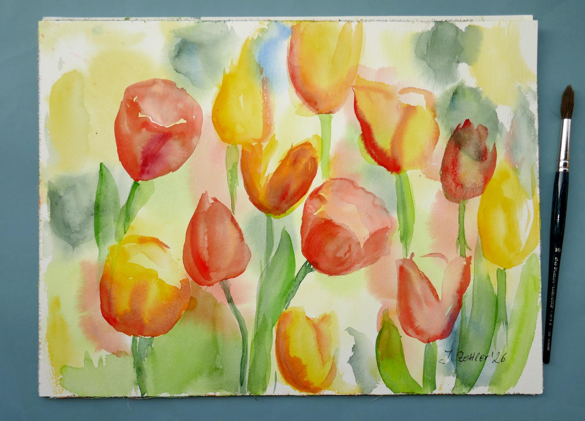 Watercolor Painting, Poetic Tulips, Spring Painting, Colorful Flowers ...