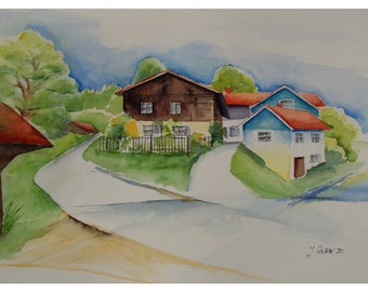 Large Watercolor, Rural Estate in Bavaria, Germany, Farmhouses Bavaria