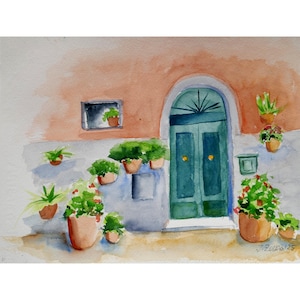 Original Watercolor Painting, Italian Doorway, Streetview Italy