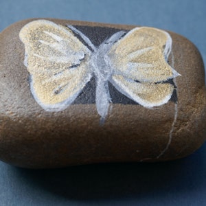 Painted Stone, Butterfly on Beach Stone, Golden Wings, Insect image 2