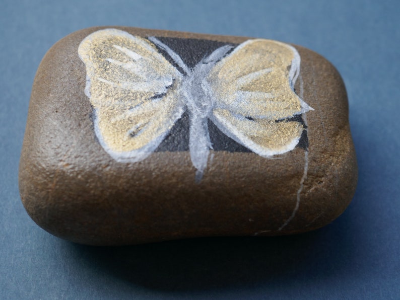 Painted Stone, Butterfly on Beach Stone, Golden Wings, Insect image 2