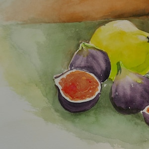 Still Life Watercolor, Quinces, Figs, Mediterranean Fruits image 5