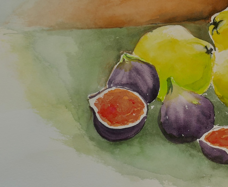 Still Life Watercolor, Quinces, Figs, Mediterranean Fruits image 5