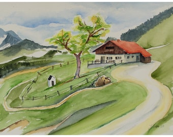 Painting Cottage in the Mountains, Mountain Landscape Bavaria, Germany, Rural Bavaria, Large Watercolor Painting, Alpine View, Wall Art