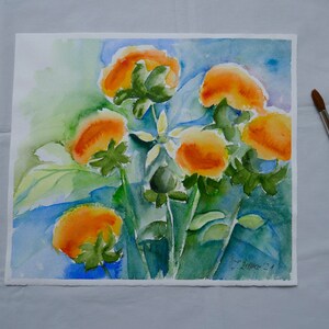 Watercolor Painting of Orange Thistles, Summerflowers image 1