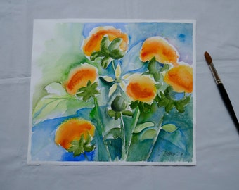 Watercolor Painting of Orange Thistles, Summerflowers