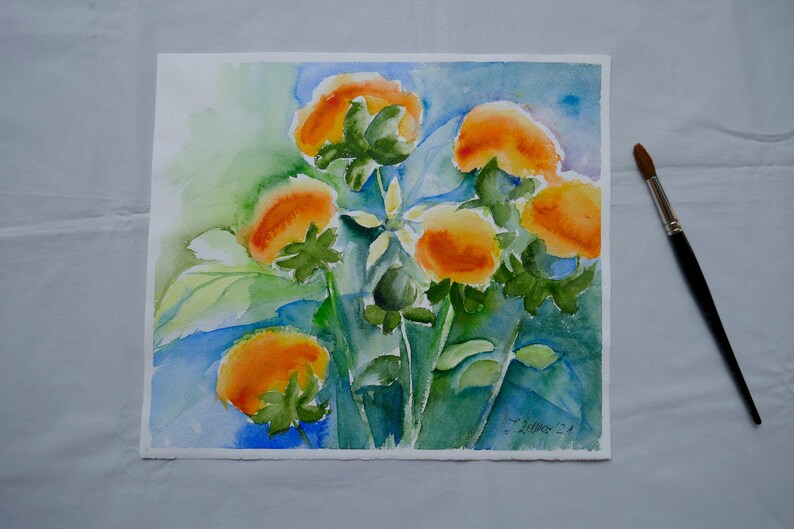 Watercolor Painting of Orange Thistles, Summerflowers image 1