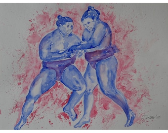 Watercolor Original Sumo Wrestlers abstract