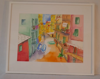 Cinque Terre, Italienbild, italienische Architektur, italienische Stadtansicht, mediterranes Motiv, Original Aquarell, Wandkunst, Malerei,