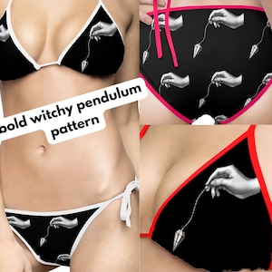 Puede incluir: Conjunto de bikini negro con ribete blanco y un atrevido estampado de péndulo de bruja. El estampado presenta una mano sosteniendo un péndulo sobre un fondo negro. También se ve el texto "bold witchy pendulum pattern".