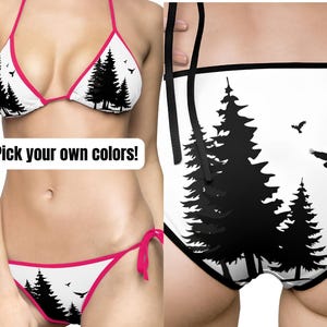 May include: White bikini set featuring a black tree and bird silhouette design, with pink trim. The text "Pick your own colours!" is displayed on the front of the bikini top. The bottoms have a matching design.