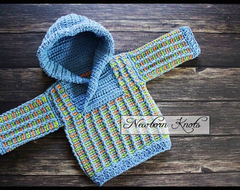 Crochet Baby Sweater Pattern - Baby Boy or Girls Tri-Color Shawl Collar Hooded Sweater/ Pattern #66. Instant PDF Download - Includes 4 sizes