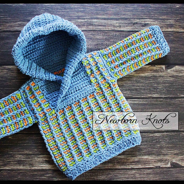 Crochet Baby Sweater Pattern - Baby Boy or Girls Tri-Color Shawl Collar Hooded Sweater/ Pattern #66. Instant PDF Download - Includes 4 sizes