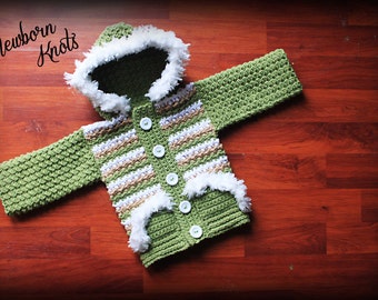 Crochet Baby Sweater Pattern - Striped Fur Trim Hoodie Sweater Coat/ Pattern #41. Instant PDF Download - Includes 4 sizes up to 2 years.