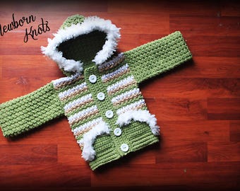 CROCHET PATTERN Baby Sweater - Striped Fur Trim Hoodie Sweater Coat/ Pattern #41. Instant PDF Download - Includes 4 sizes up to 2 years