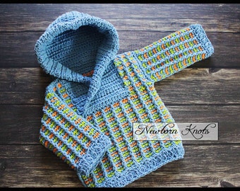 CROCHET PATTERN Hooded Sweater - Tri-Color Shawl Collar Hooded Sweater/ Pattern number 66. Incl 4 sizes up to 2 years - Instant PDF Download