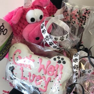 Dog  Gift Basket//Get Well/ Happy Birthday/Welcome Home Gift Basket with Freshly-Baked Treats and a Personalized Bone  and Pig Toy