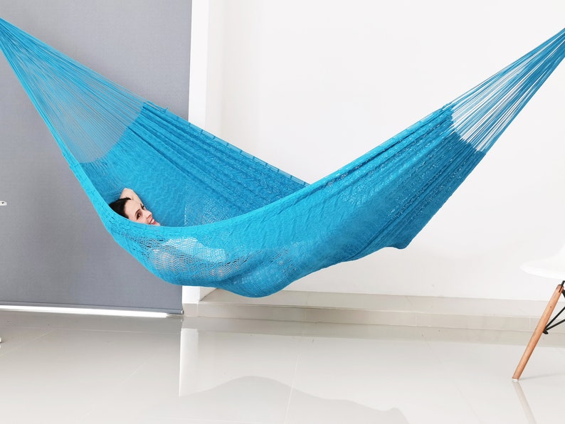 Sky Blue Hammock Made with Thick Cotton Thread Traditional Mayan Hammocks image 2