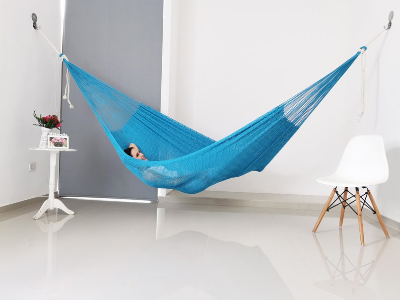 Sky Blue Hammock Made with Thick Cotton Thread Traditional Mayan Hammocks image 3
