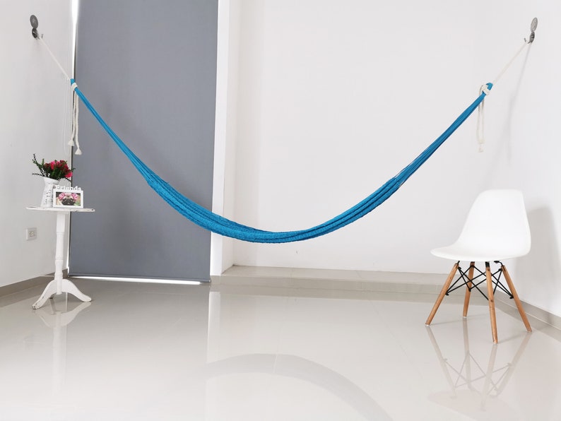 Sky Blue Hammock Made with Thick Cotton Thread Traditional Mayan Hammocks image 4