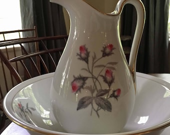 Antique Haviland Limoges Pitcher And Bowl Set, Chamber Set, Moss Rose Pattern, French Country Style, Wedding Gift, Farmhouse, Country