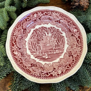 Vintage Red Transfer Ware Plate, Masons, England, Vista Pattern, Collectible China, Vintage Gift, Farmhouse Decor, Christmas Cottage, Gift
