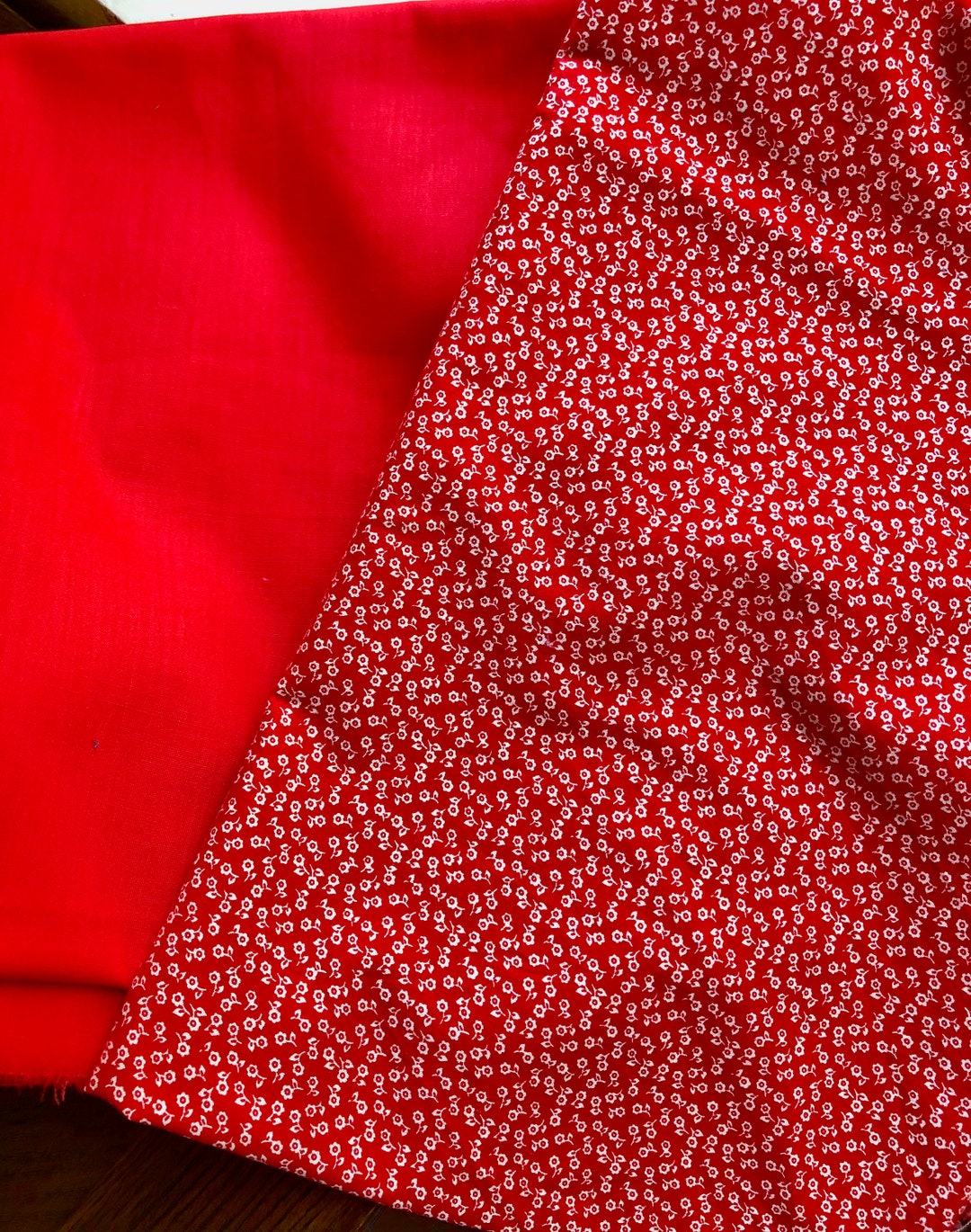 Vintage Fabric 2 Pieces Solid Red Small Floral Print - Etsy