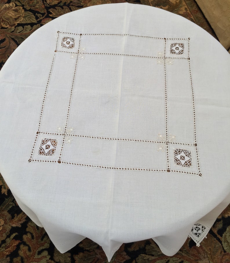 Vintage Linen Table Cloth Openwork Embroidery Drawn Thread Etsy