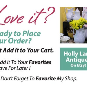 May include: A collection of white ceramic pitchers with yellow flowers in a vase. The text "Holly Lane Antiques On Etsy!" is on a teal background.