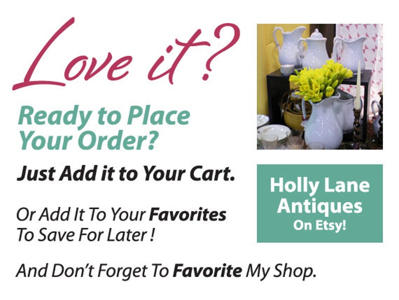 May include: A collection of white ceramic pitchers with yellow flowers in a vase. The text "Holly Lane Antiques On Etsy!" is on a teal background.